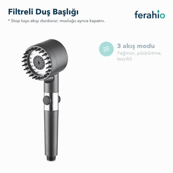 Filtreli Duş Başlığı 3 Modlu – Stop Tuşlu, Silikon Masaj Uçlu